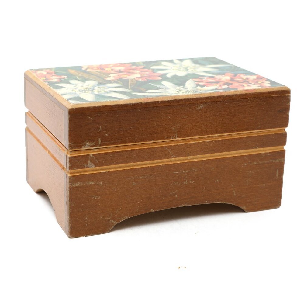 Vintage CEC Swiss Music Box Wood Jewelry Box Switzerland Floral Edelweiss
